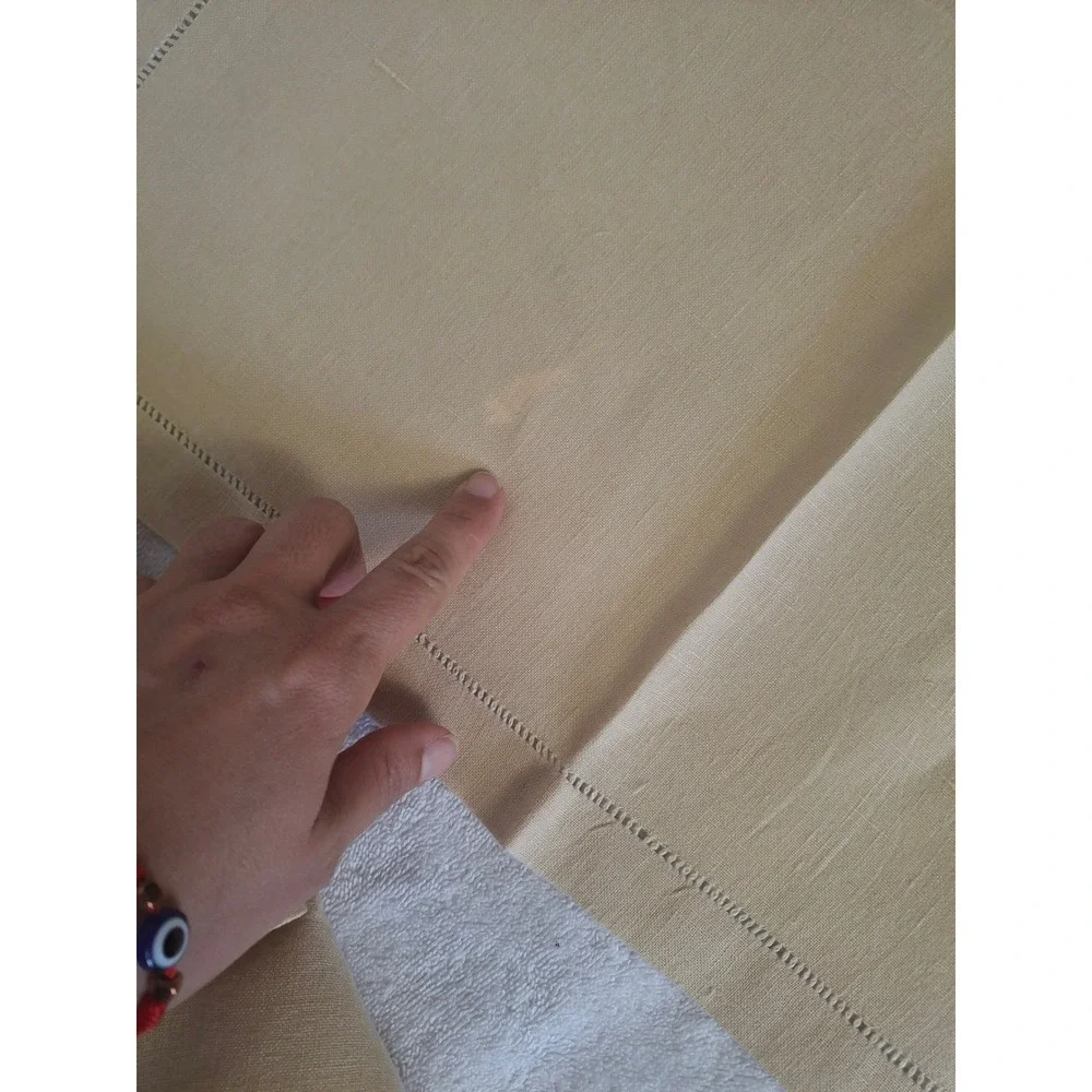 Vintage Hemstitch Linen Tablecloth and Napkins Set Beige Tan 3 Piece Dining